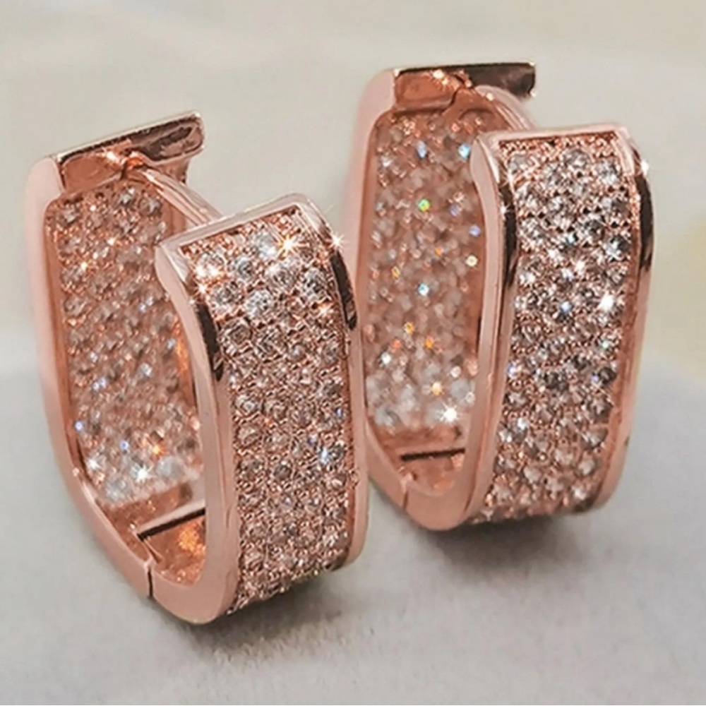Rose Gold Square Inside/Outside Cubic Zirconia 3/4” Hoop Earrings - New - Picture 2 of 2